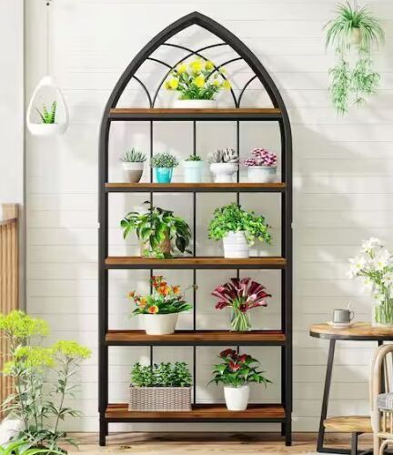 BYBLIGHT Wellston 74.8 in. Brown 5-Tier Wood and Metal Rectangle Plant Shelf