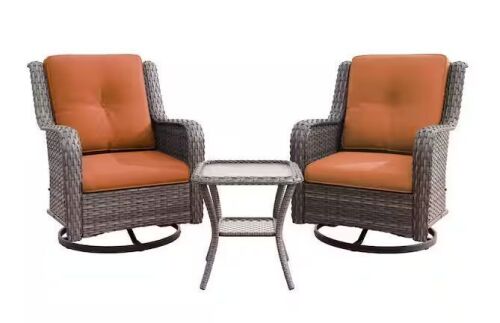 3-Piece Wicker Patio Swivel Outdoor Rocking Chair Set with Orange Cushions and Table