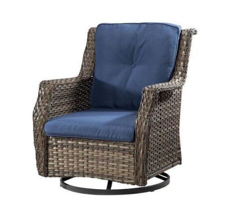 Wicker Patio Outdoor Rocking Chair Swivel Lounge Chair with Blue Cushions