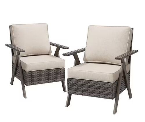 R-Shaped Armrest Brown Wicker Outdoor Patio Lounge Chair with Beige Cushions (2-Pack)