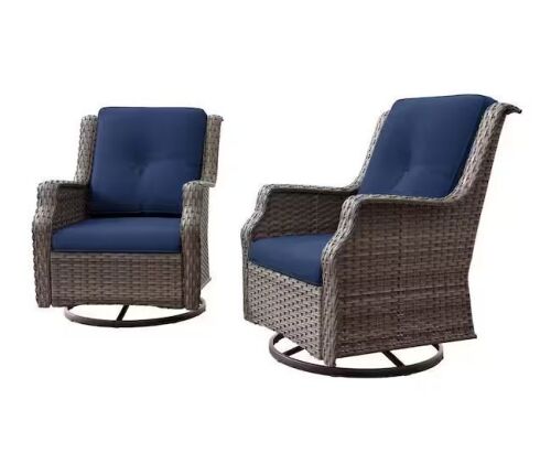 Wicker Patio Outdoor Lounge Chair Swivel Rocking Chair with Blue Cushions (2-Pack)