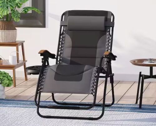 Black and Grey Metal Oversized Padded Folding Zero Gravity Chair with Cup Holder