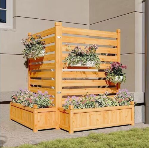 32 in. Yellow Wood Outdoor Privacy Screen with Planter Box for Air Conditioner