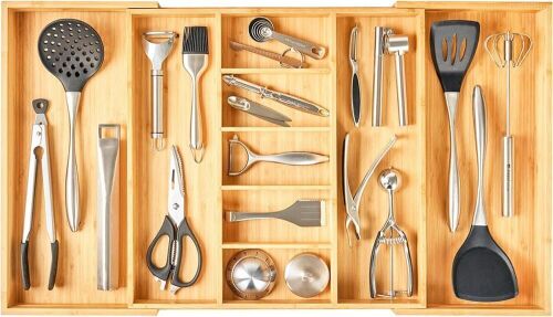 Umilife Extra Large Expandable Kitchen Drawer Organizer, 19" Deep for Big Drawer, 19" to 33" Adjustable
