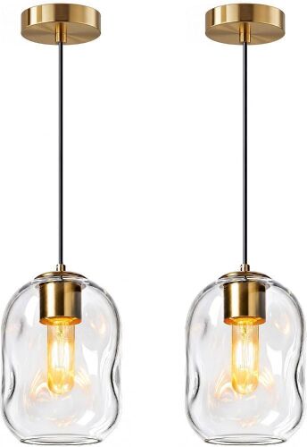 Modern Pendant Lights with Blown Art Glass Clear Organic Globe, 2 Pack