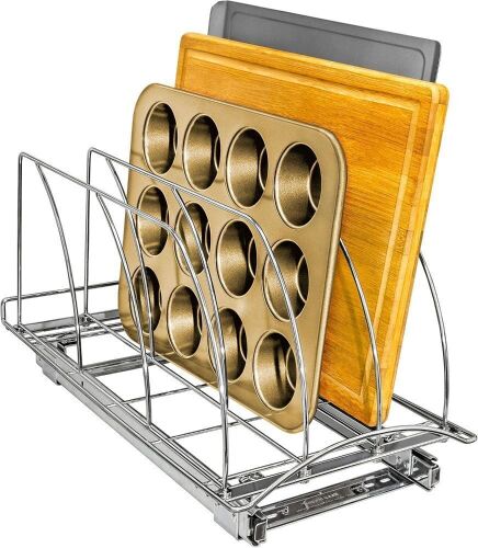 LYNK PROFESSIONAL Pull Out Cookie Sheet Organizer for Cabinet, 10” x 21” Deep Inside Cabinet, Chrome