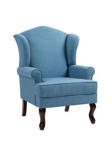 Sky Blue Linen Rubber Wood Legs Upholstered Accent Arm Chair with Wingback