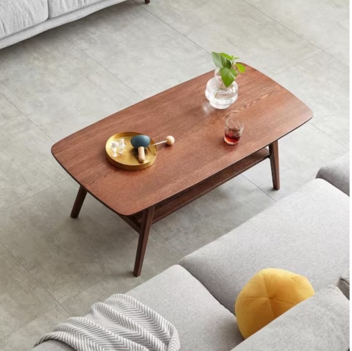 Harper & Bright Designs 39.37 in. Walnut Rectangle Oak 100% Solid Wood Low Coffee Table with Storage Shelf