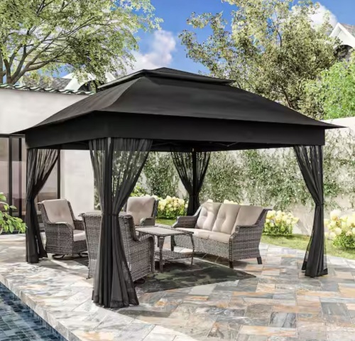 Joyside 11 ft. x 11 ft. Black Steel Pop-Up Gazebo with Mosquito Netting