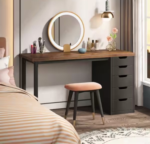 Byblight Helotes 47.24 in. Black and Brown Makeup Vanity Desk w/ 5-Drawers