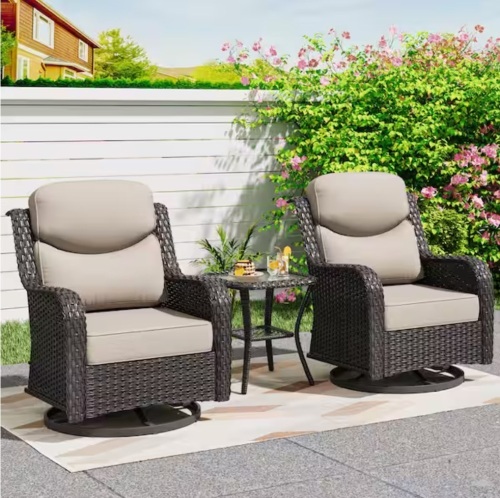 Joyside Smiley 3-Piece Brown Wicker Outdoor Swivel Rocking Chair Patio Conversation Set with Thick Beige Cushions and Side Table