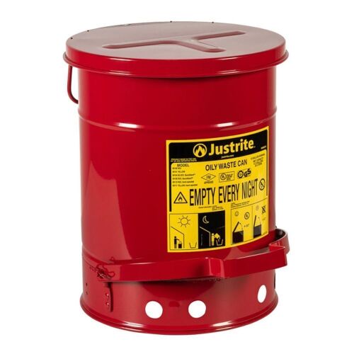 Justrite 6 Gallon, Steel Oily Waste Can, Hands-Free, Self-Closing Cover, Red