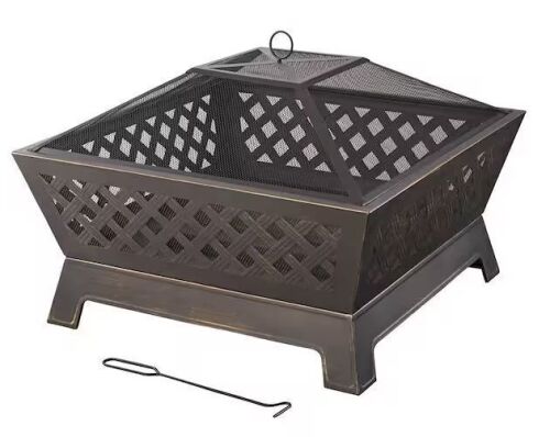 Hampton Bay Tipton 34.00 in. W Rubbed Bronze Steel Wood Outdoor Fire Pit with Screen and Poker Included