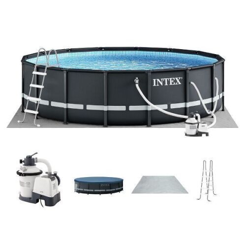 Intex Ultra XTR Frame 14' x 42" Round Above Ground Outdoor Swimming Pool Set with Sand Filter Pump, Ground Cloth, Ladder, and Pool Cover
