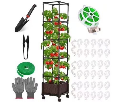 55.9 in Tomato Planter with Trellis, Self-Watering, Adjustable Support, Black