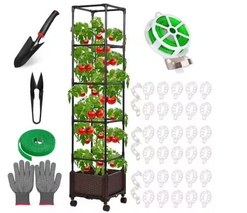 55.9 in Tomato Planter with Trellis, Self-Watering, Adjustable Support, Black
