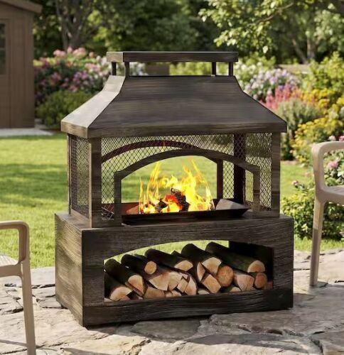 Bestier 37 in. Steel Outdoor Wood Burning Fireplace with Wood Storage Rectangular Freestanding