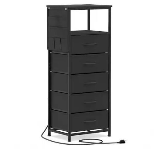 Black 5-Drawer 16 in. W x 39 in. H Nightstand Integrated Charging Station