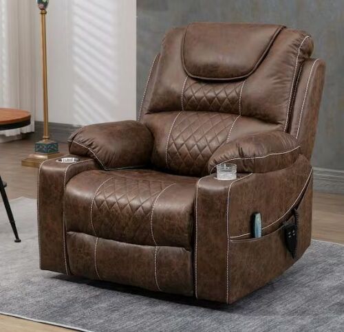 Oversized Dual Motor 180° Lying Flat Brown Breathable Leather Power Lift Recliner Chair with Massage and Heating