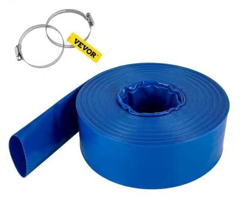 VEVOR Discharge Hose 2 in.Dia x 105 ft. PVC Fabric Lay Flat Hose with Clamps Heavy-Duty Backwash Drain Hose Weather-Proof,Blue