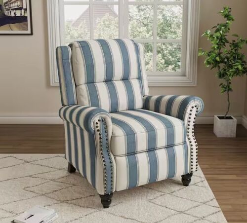 Dark Blue Striped Linen Nailhead Trim Upholstered Recliner Chair with Adjustable Footrest
