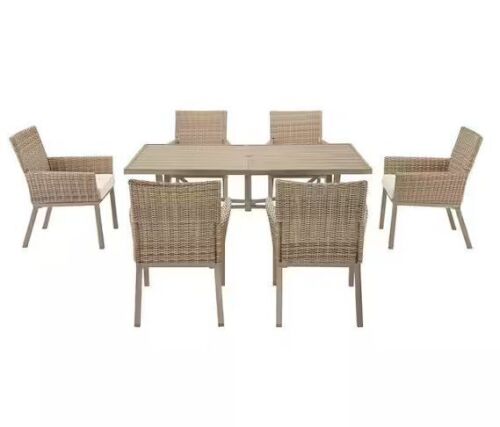 Hampton Bay Holly Cove 7-Piece Wicker Outdoor Dining Set with Almond Cushions