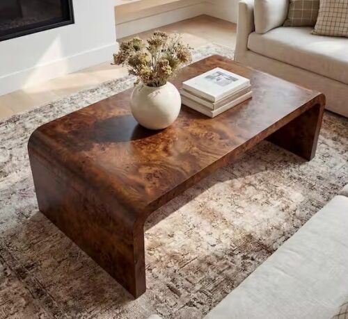 48" Burled Wood Coffee Table for Living Room – Natural Burl Slab, Modern Curved Design