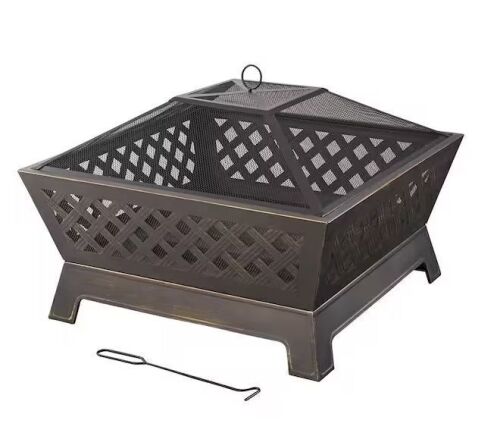 Hampton Bay Tipton 34.00 in. W Rubbed Bronze Steel Wood Outdoor Fire Pit with Screen and Poker Included