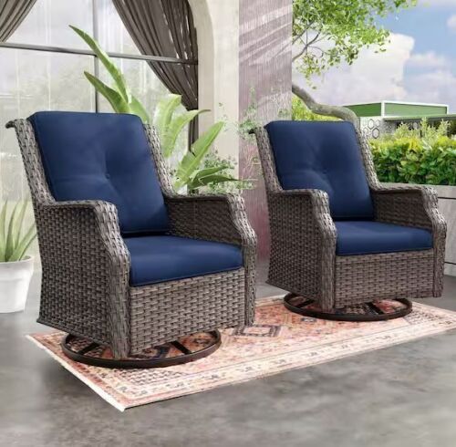 Wicker Patio Outdoor Lounge Chair Swivel Rocking Chair with Blue Cushions (2-Pack)