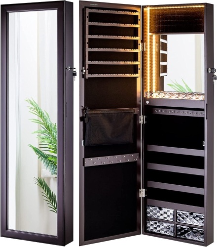 LUXFURNI Mirror Jewelry Cabinet 79 LED Lights Wall-Mount/ Door-Hanging Armoire, Lockable Storage Organizer w/ Drawers - Lot 25
