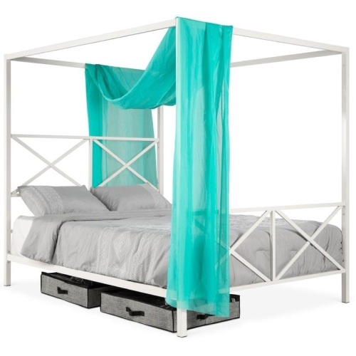 4-Post Queen Size Modern Metal Canopy Bed Frame w/ Headboard, Footboard  - Lot 46