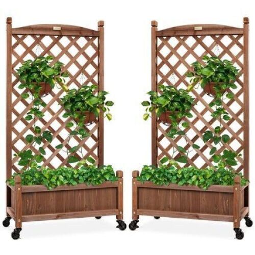 Set of 2 Wood Planter Box & Lattice Trellis w/ Optional Wheels - 48in - Lot 575