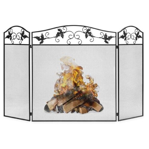 3-Panel Handcrafted Wrought Iron Decorative Leaf Fireplace Screen - 50x29in - Lot 819