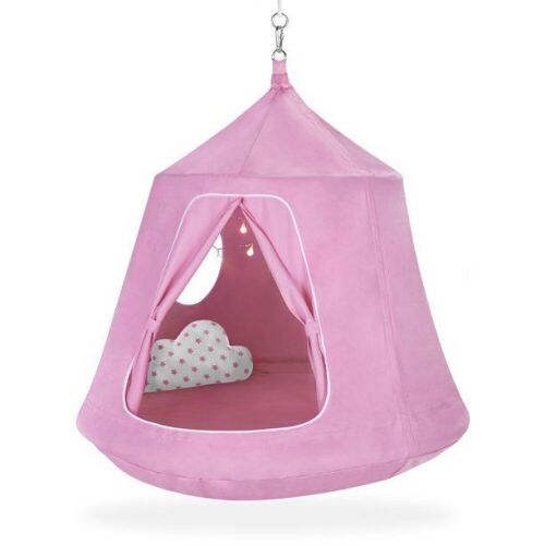Kids Hanging Hammock Swing Tent Set w/ Inflatable Base, Ropes, and Multicolor LED String Lights - Lot 828