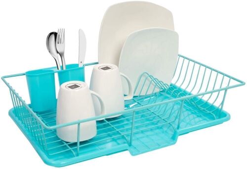 Sweet Home Collection Dish Rack Drainer 3 Piece Set with Drying Board and Utensil Holder, 12" x 19" x 5", Turquoise - Lot 1182