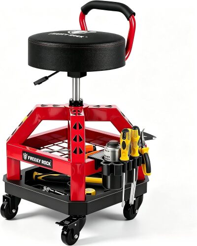 Rolling Shop Stool with Wheels, Heavy Duty Garage Work Mechanic Stool with Backrest, Adjustable Height 360°Swivel Rolling Chair with Tool Tray Storage, 330 LBS Capacity, Red