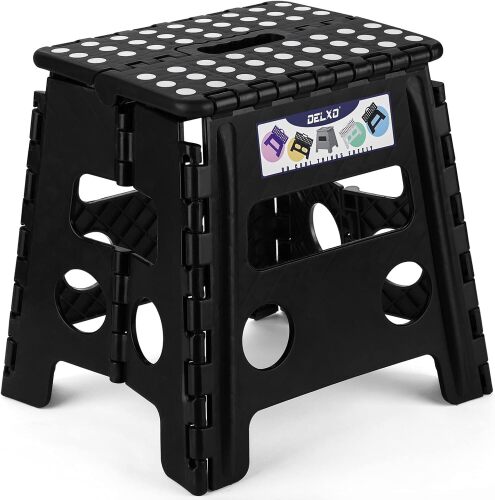 Delxo Folding Step Stool 13 Inch,300 Lbs Step Stool for Adults Black Foldable Step Stool 13",Non-Slip Foot Stools with Handle,Lightweight Collapsible stools for Kitchen,Bathroom,Bedroom,Garden