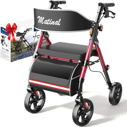 Walkers for Seniors with seat, Rollator Walker with Seat, Burgundy Walkers for Seniors Foldable, 300 lb Capacity, with 8'' Big Wheels, Rolling Walker