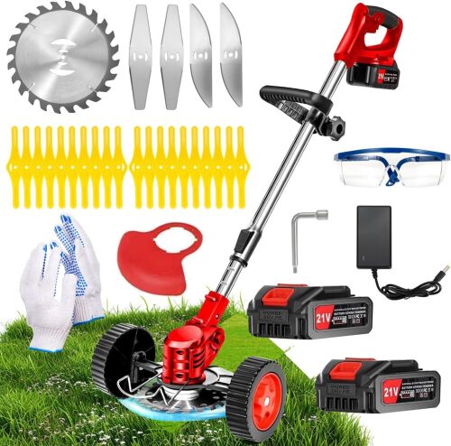 Electric Weed Wacker Battery Powered, Adjustable Weed Wacker Cordless Telescopic Lightweight Brush Cutter Grass Trimmer with 2 Batteries and 4 Blades, Weed Trimmer for Yards, Gardens, Sidewalk Edges