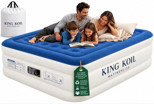 King Koil Luxury Queen Air Mattress with Built-in High Speed Pump, Ideal for Home, Camping, Guests, 20" Queen Size Double Air Mattress, Waterproof