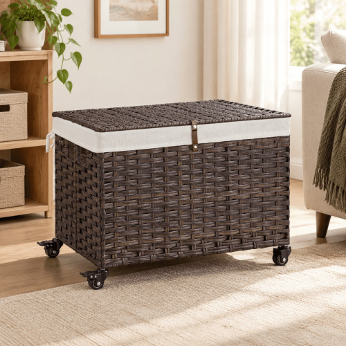 Brown 47.6 Gallon Rolling Woven Rattan Storage Basket with Lid and Wheels