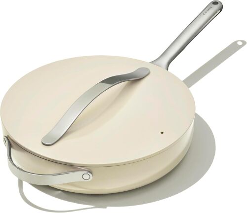 Caraway Non-Stick Ceramic Sauté Pan with Lid (4.5 qt, 12") Non-Toxic, PTFE and PFOA Free, Oven Safe and Compatible with All Stovetops (Gas, Electric and Induction), Cream