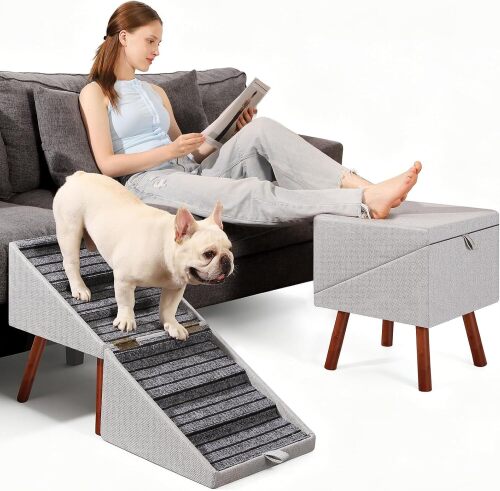 Dog Ramp for Couch Ottoman 2-in-1 Foldable Dog Stairs for Small Dogs Non-Slip Wooden 6 Steps Dog Steps for Small Dogs, 19“H Ramply Split Ottoman Dog Stairs for Puppy Senior Injured Pets