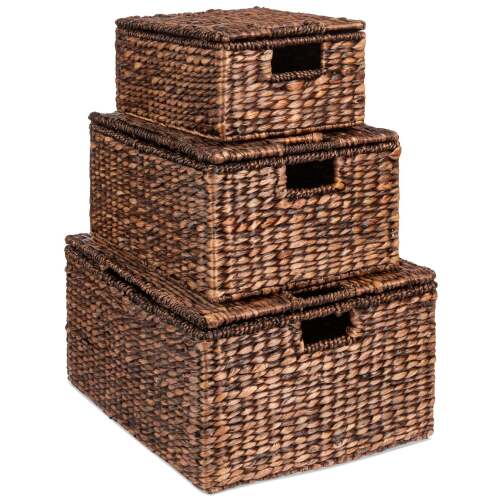 Set of 3 X-Large, Large, & Medium Woven Storage Baskets W/Lids & Handles