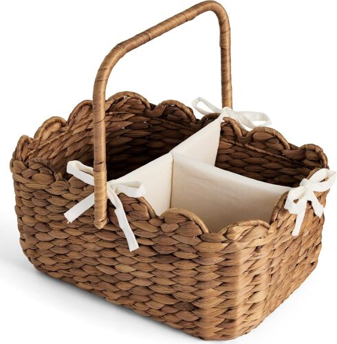 Baby Diaper Caddy Organizer, Large Portable Handmade Nursery Basket w/Removable Divider & Handles, Handwoven Changing Table Storage Bin for Nursery Organization