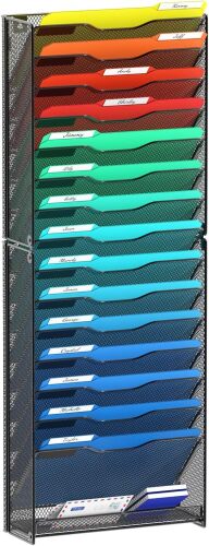 samstar 16 Tier Wall File Organizer Hanging Wall File Holder Wall Mount Paper Folder Organizer, Magazine Rack, Mesh Made, Black