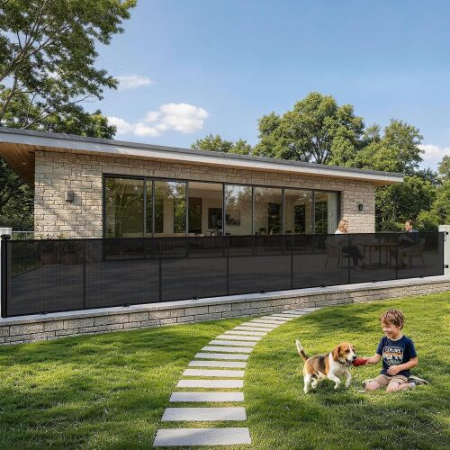 FRUITEAM 300" Extra Wide Retractable Baby & Dog Gates, Outdoor Waterproof with Support Rods, Long Child Safety Gate for Garage Doorways Deck Stairs Yard Outdoor Indoor, Easy One-Hand Operation, Black