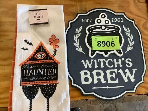 Set of Halloween-themed Dish Towel and Sign