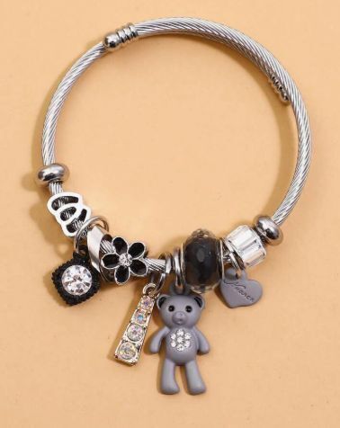 Rhinestone Decor Cartoon Bear & Heart Charm Bangle Valentines