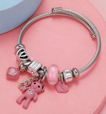 Bracelet with a Teddy Bear Charm and Rhinestone Embellishments